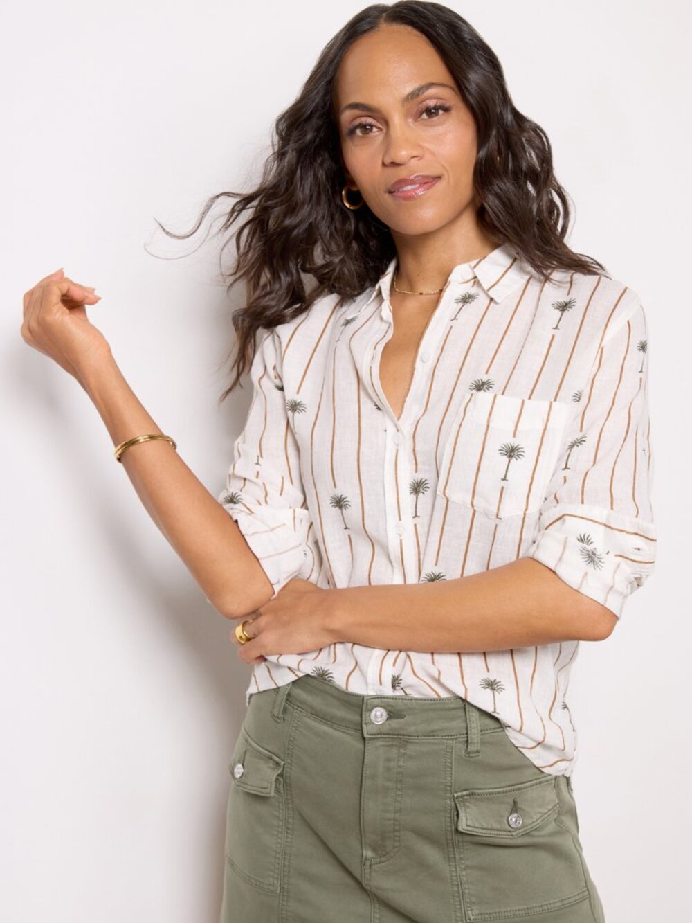 Rails White Button-Down Shirt with Brown Stripes & Green Palm Motif